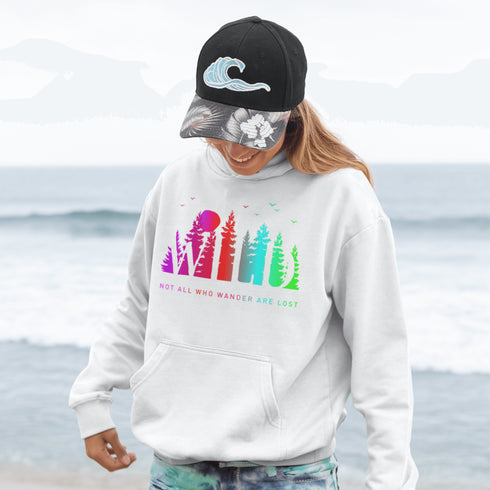 This Camping hoodie features a stunning colorful gradient forest graphic that captures the essence of the great outdoors. With the inspiring saying "WILD-Not All Who Wander Are Lost" boldly printed, it serves as a reminder to embrace your wild spirit and wanderlust.